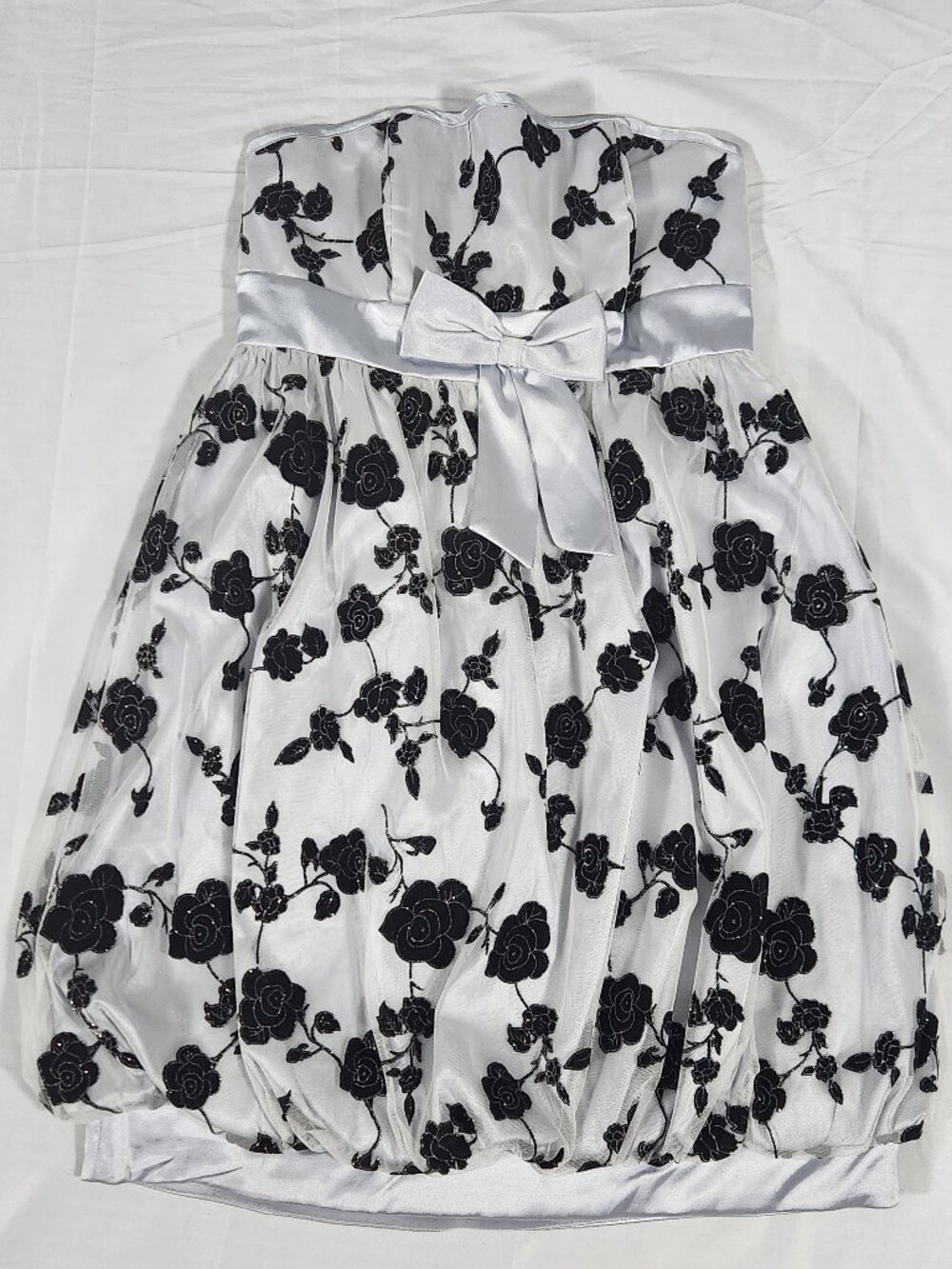 XS Strapless Bubble Mini Dress Lenovia Short Grey Black Rose Print Front Bow